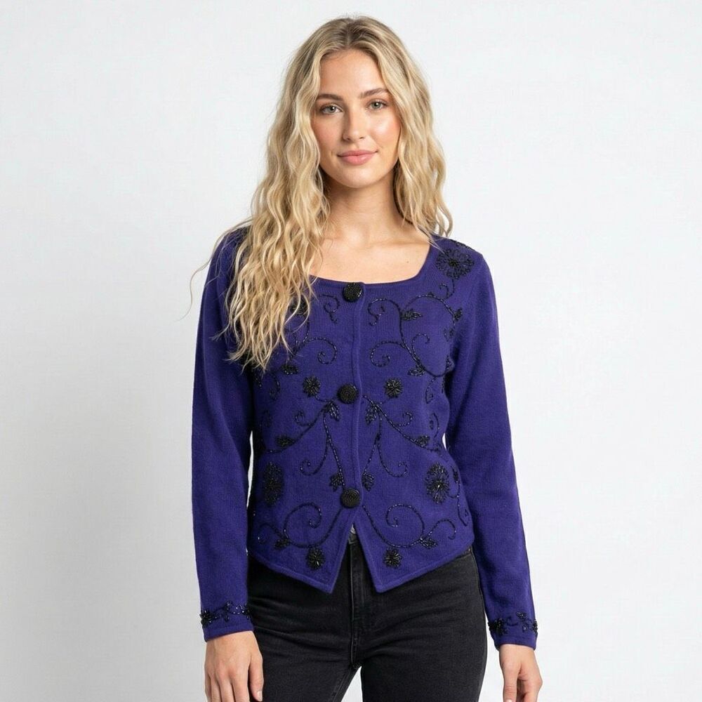 Vintage Gantos Beaded Embroidered Cardigan Small Purple Black Sparkly Knit 80s